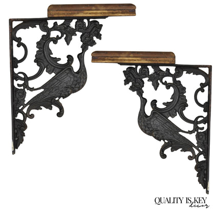 Antique Art Nouveau Cast Iron Figural Phoenix Bird Wall Shelf Brackets - a Pair