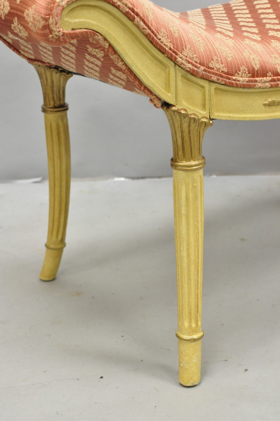 Vintage French Hollywood Regency Cream & Gold Wood Pink Waterfall Vanity Bench