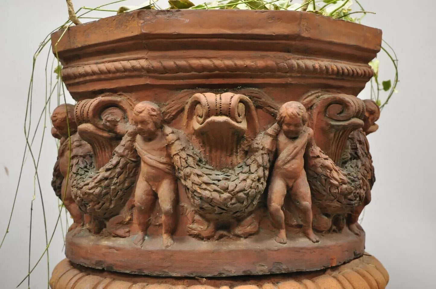 Antique Neoclassical Terracotta Garden Pedestal Planter Pot with Cherub Figures