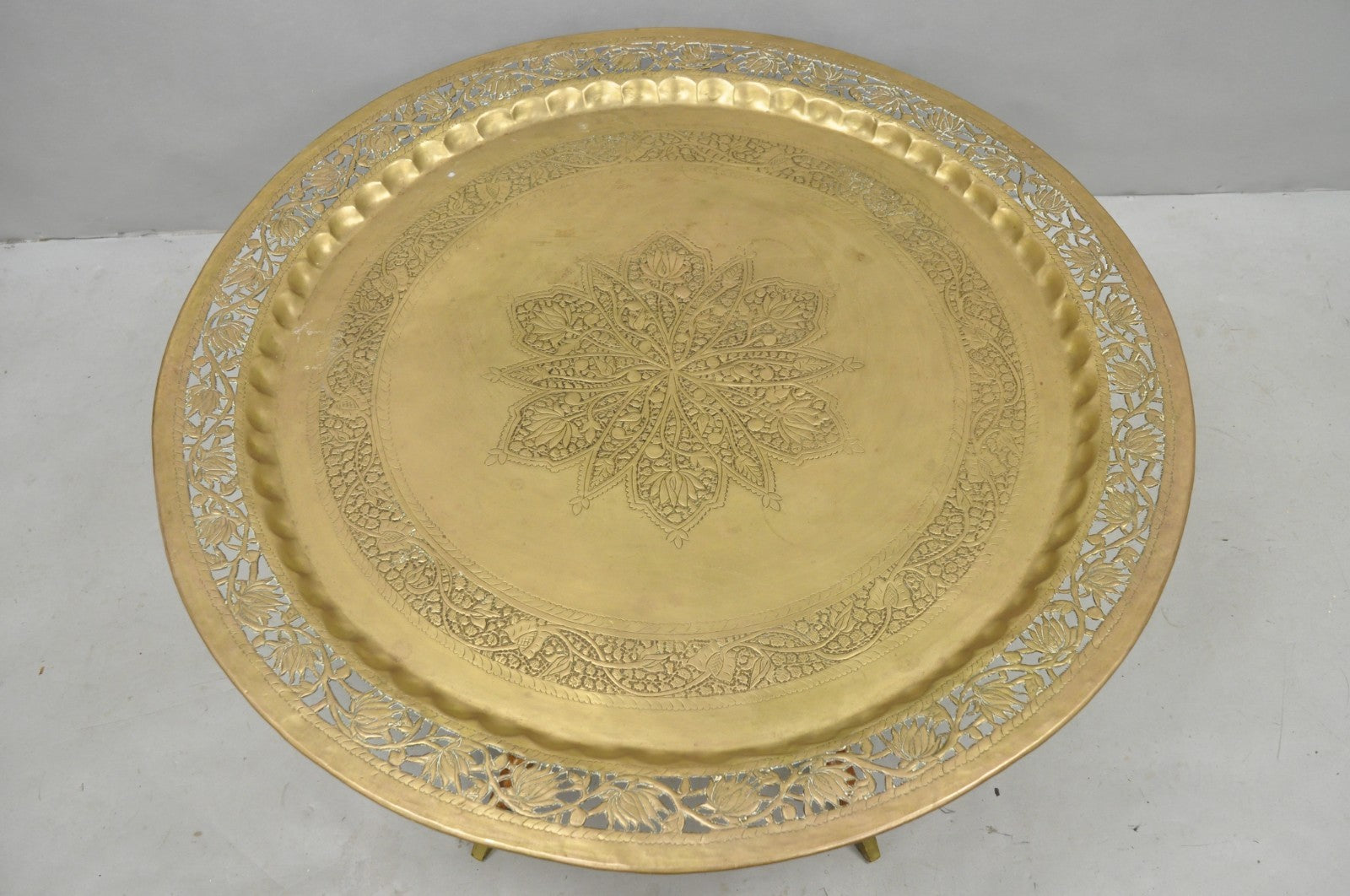 Vintage Moroccan 40" Round Brass Tray Top Teak Folding Spider Leg Coffee Table