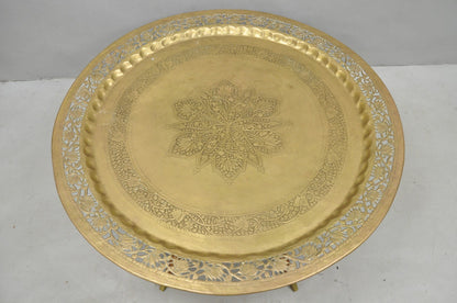 Vintage Moroccan 40" Round Brass Tray Top Teak Folding Spider Leg Coffee Table