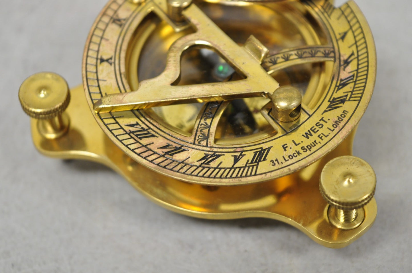 Vintage English Campaign Brass Round Sundial Compass with Small Rosewood Box