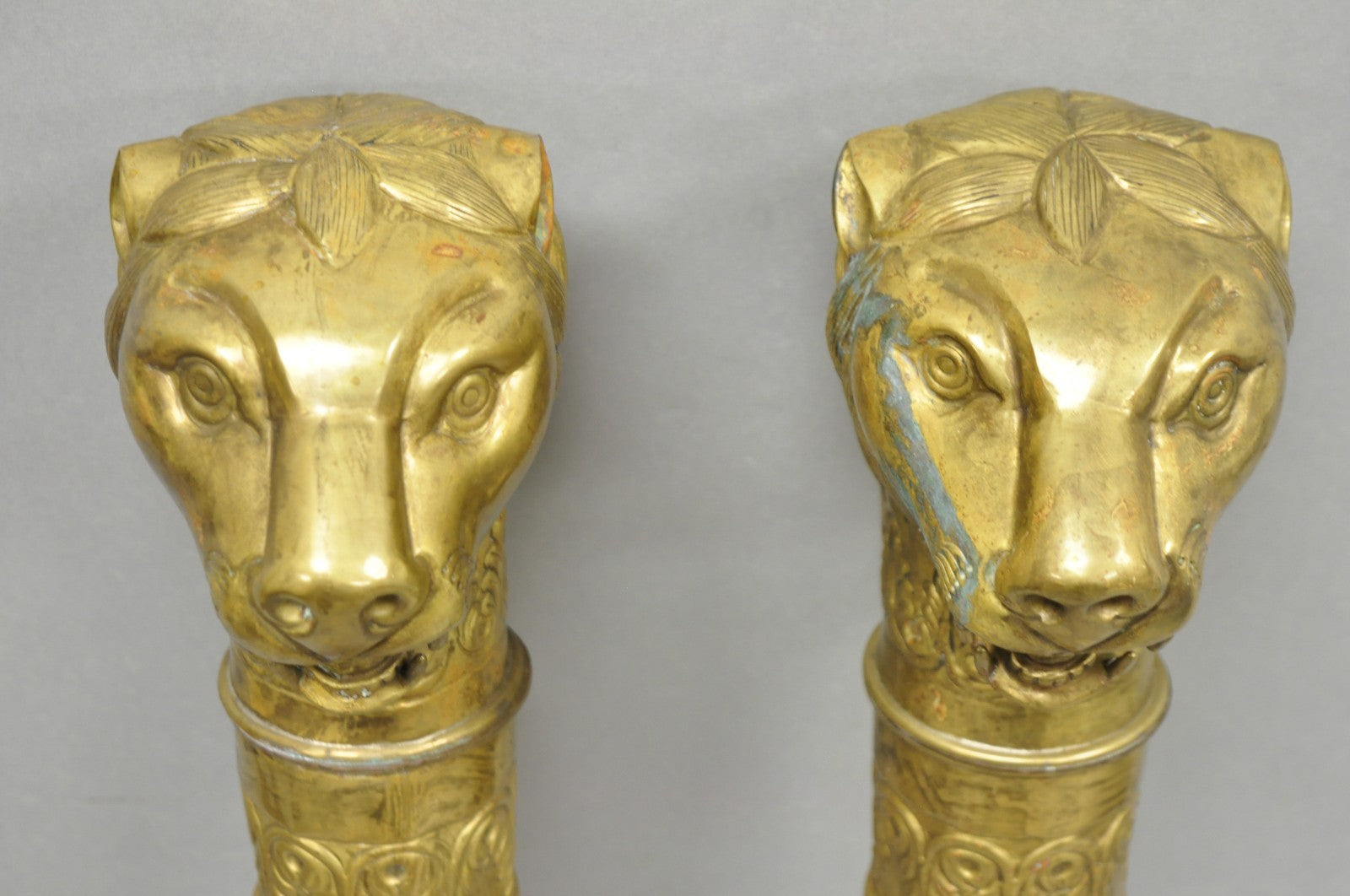 Vintage Italian Regency Neoclassical Large Brass Lion Sconce Door Handles Pair