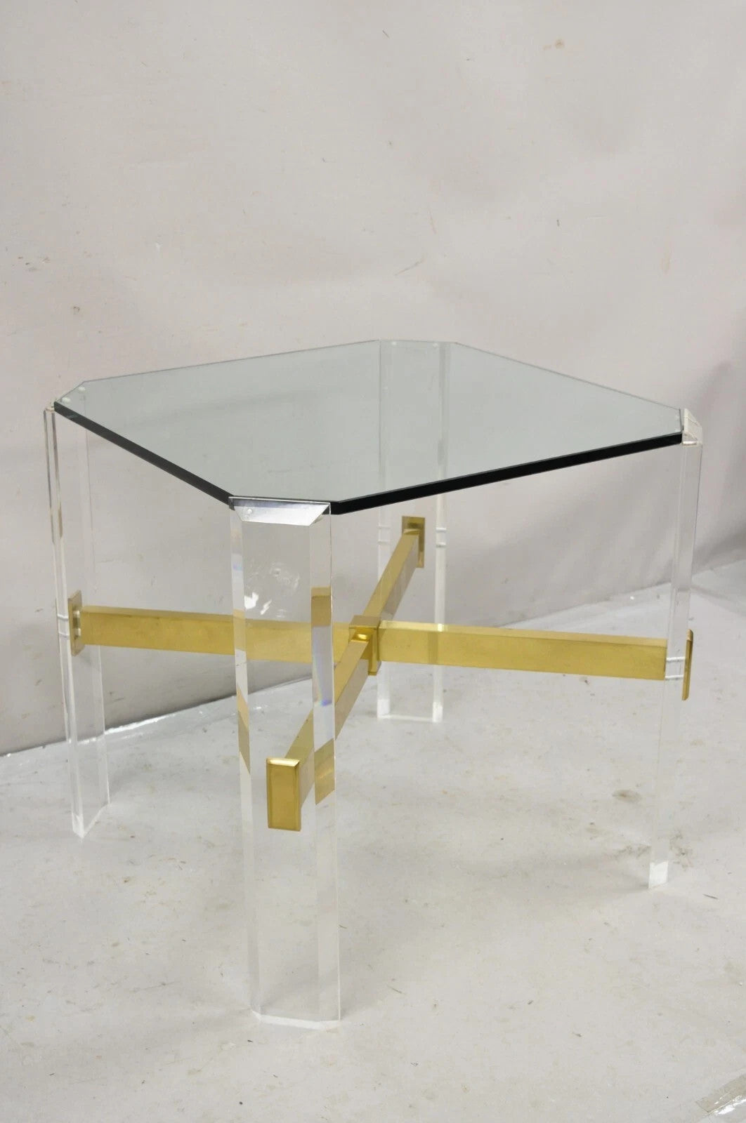 Vintage Mid Century Modern Lucite & Glass Brass Stretcher Occasional Side Table
