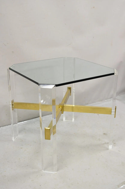 Vintage Mid Century Modern Lucite & Glass Brass Stretcher Occasional Side Table