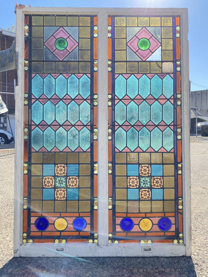 Antique Victorian 70 x 48 Double Stained Glass Window Pink Blue Green Jeweled