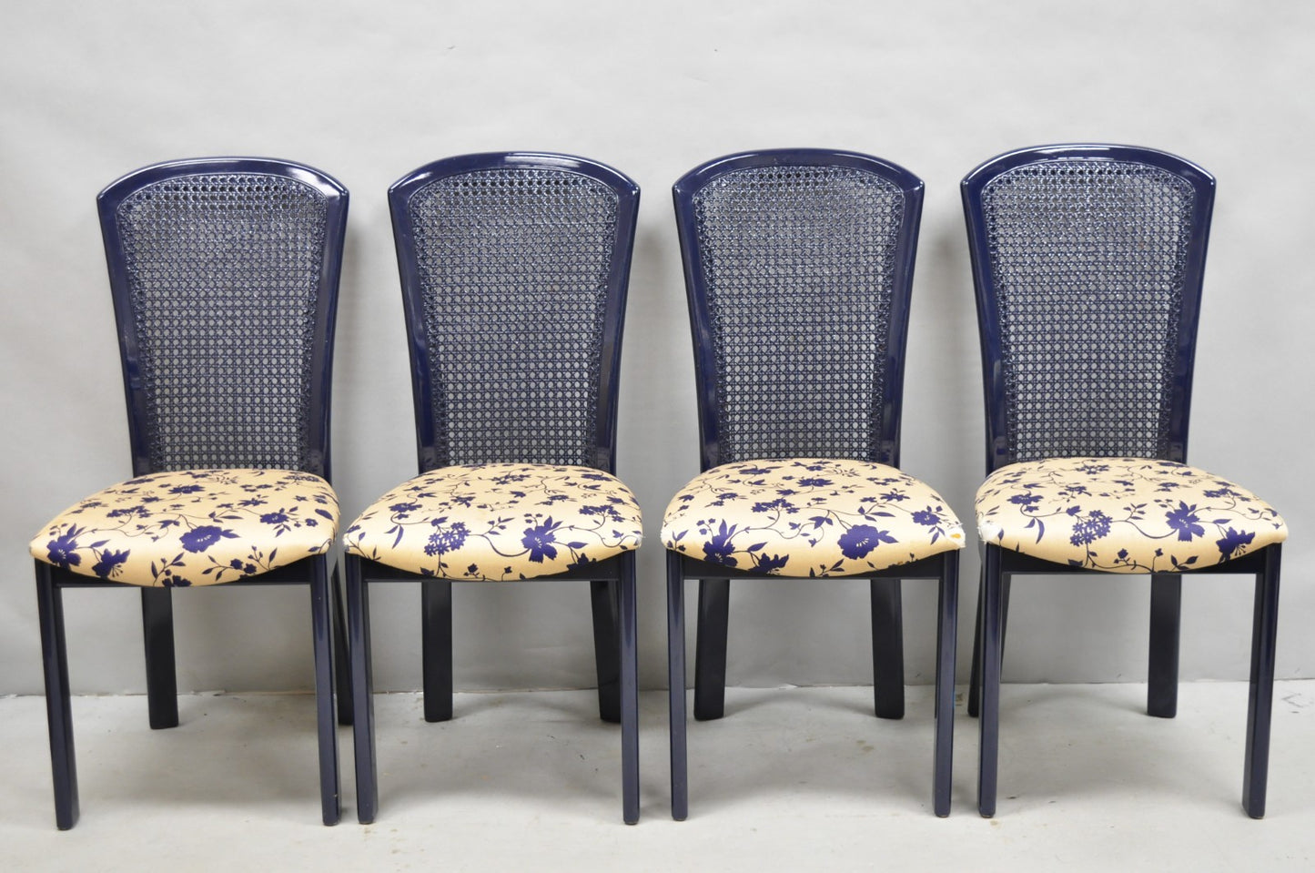 Vintage Italian Hollywood Regency Navy Blue Lacquer Cane Dining Chair - Set of 4