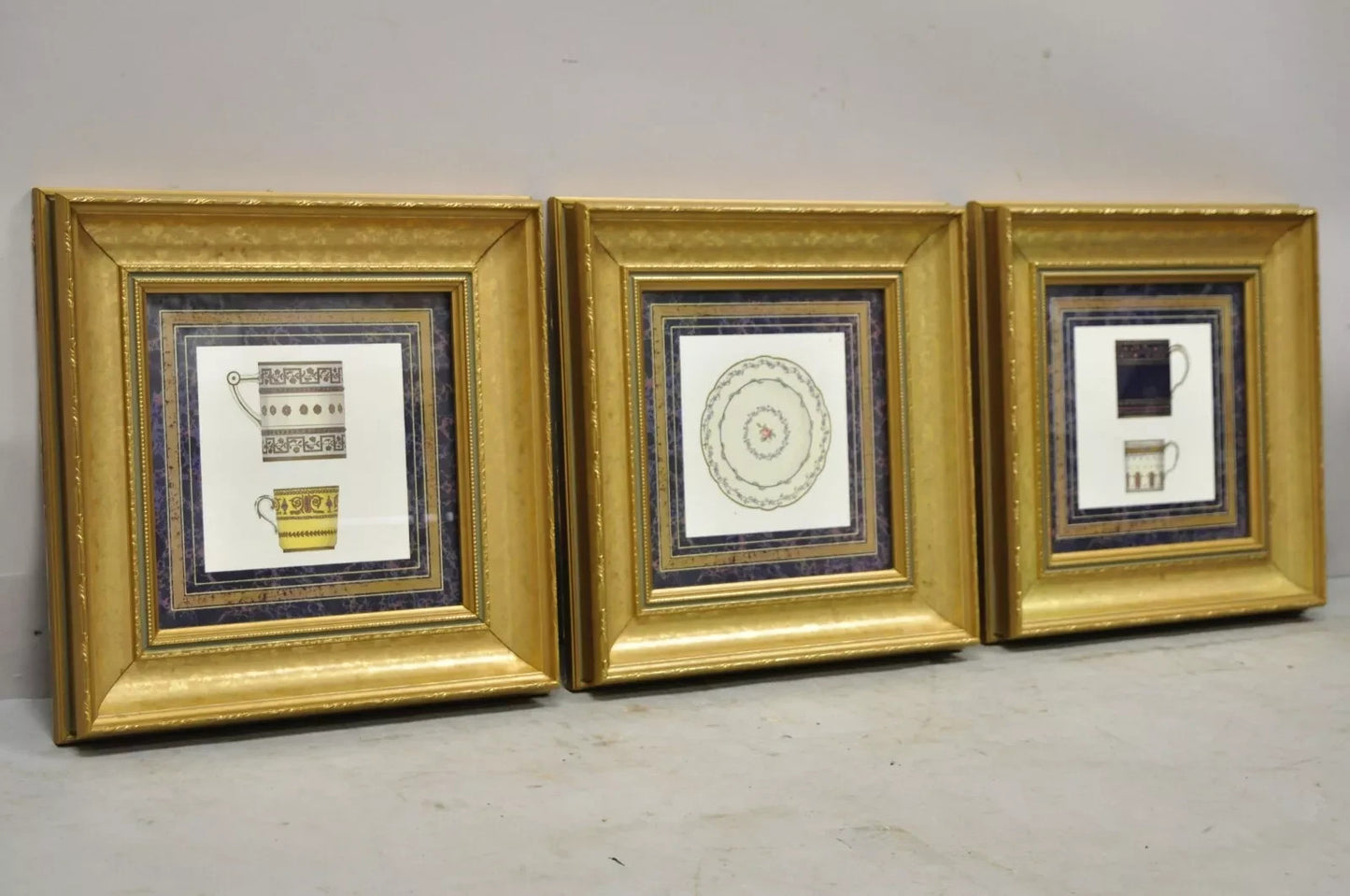 Vintage Artistic Innovations Gold Framed Wall Art Print Plate and Cups, 3 Pc Set