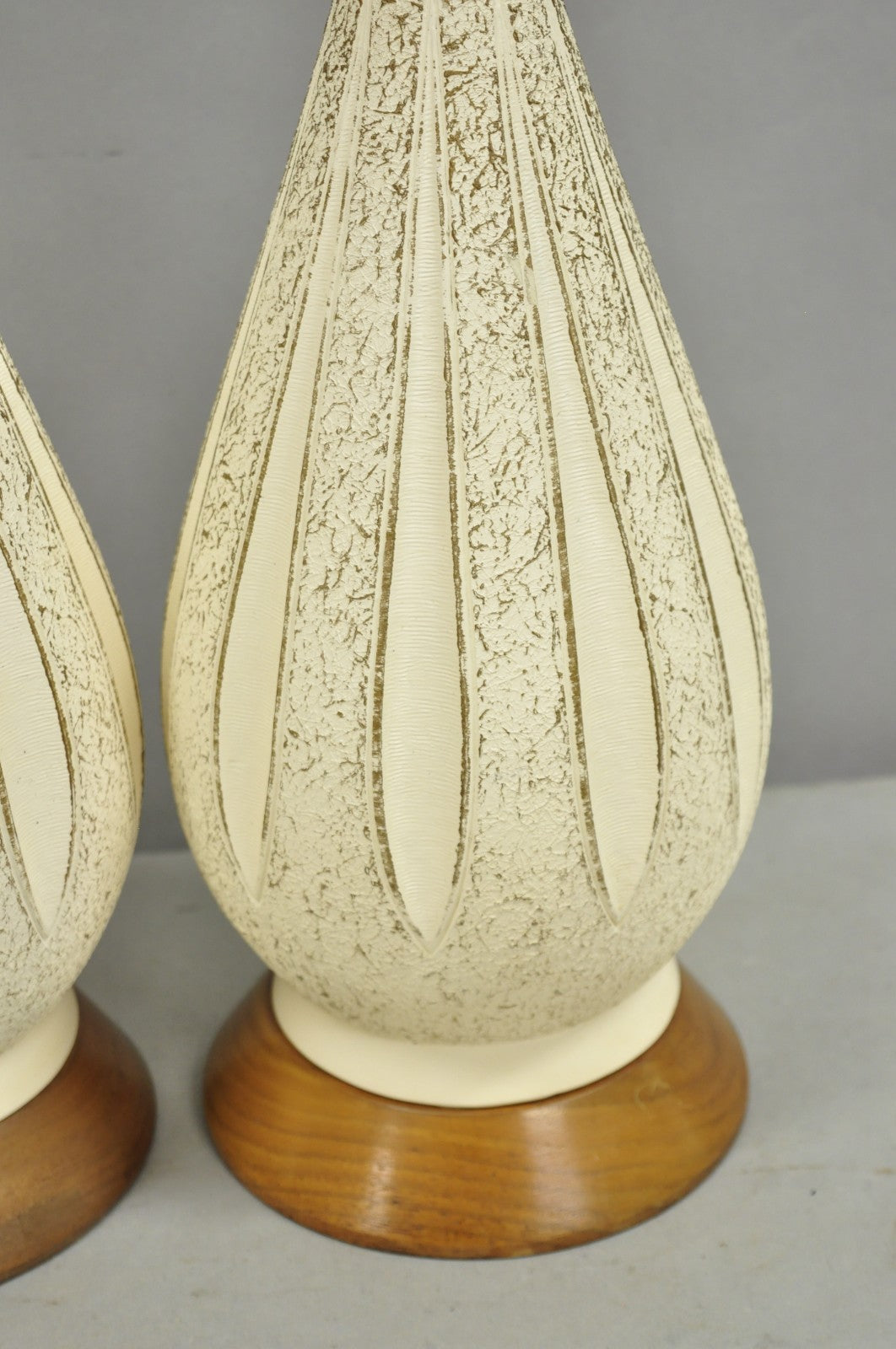 Vintage Mid Century Modern Sculpted White Ceramic & Teak Wood Table Lamps - Pair