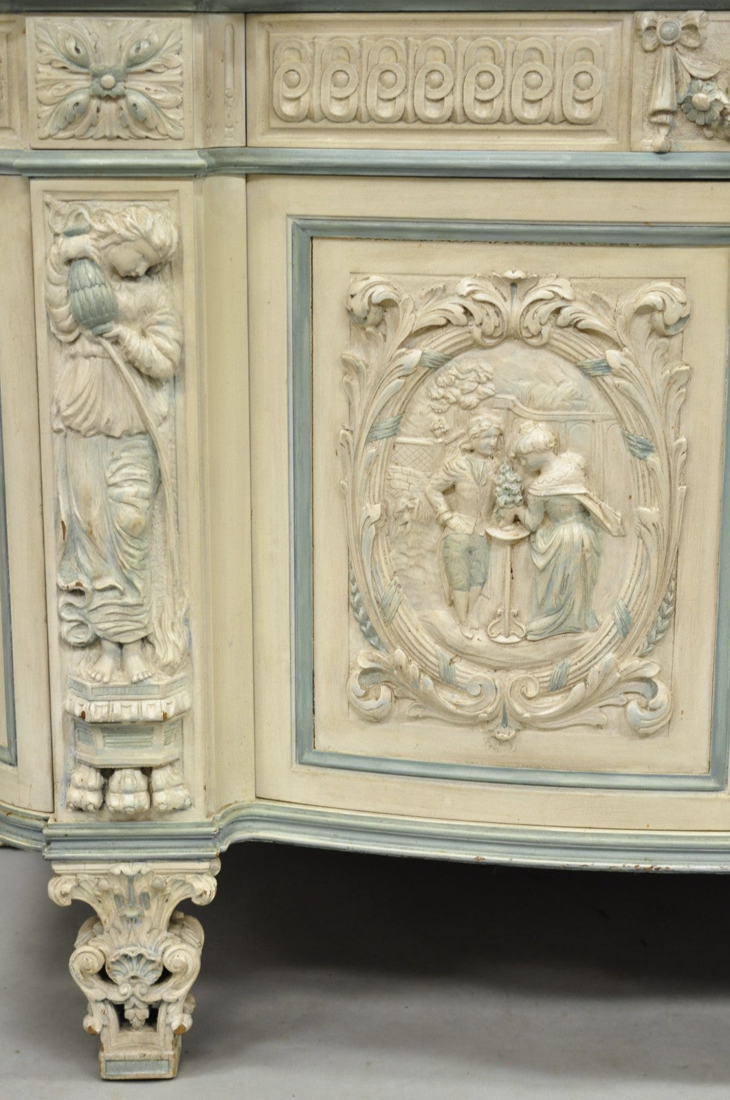 French Renaissance White Blue Painted Figural Carved Marble Top Buffet Commode