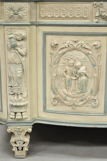 French Renaissance White Blue Painted Figural Carved Marble Top Buffet Commode