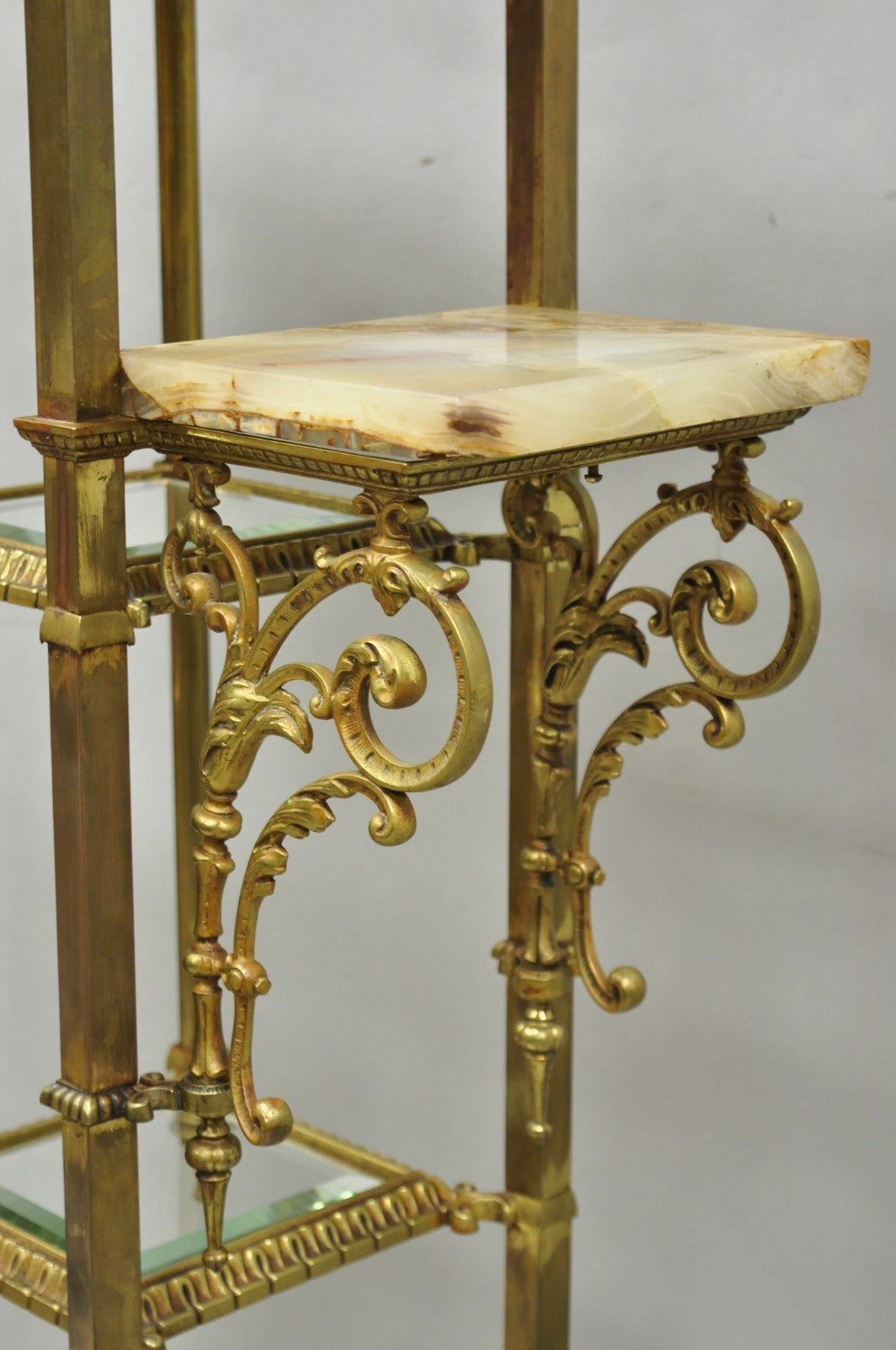 Antique Victorian Brass & Onyx Ornate Tiered Etagere Curio Display Stand Shelf