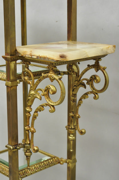 Antique Victorian Brass & Onyx Ornate Tiered Etagere Curio Display Stand Shelf