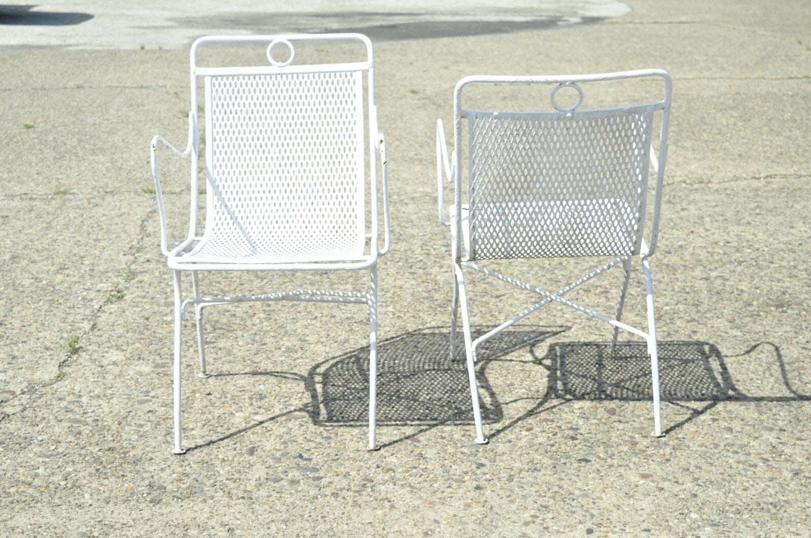 Vintage Russell Woodard White Wrought Iron Garden Patio Arm Chairs - a Pair