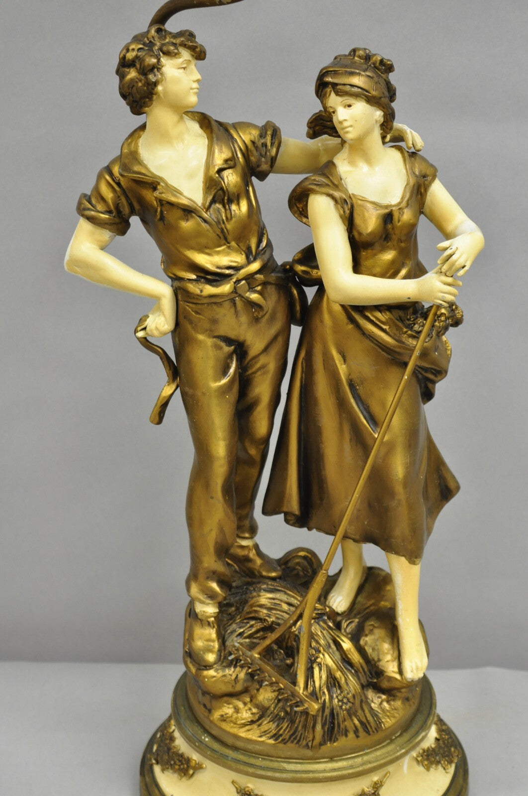 Antique French Renaissance Moreau Figural Metal Table Lamp, Wife & Farmer