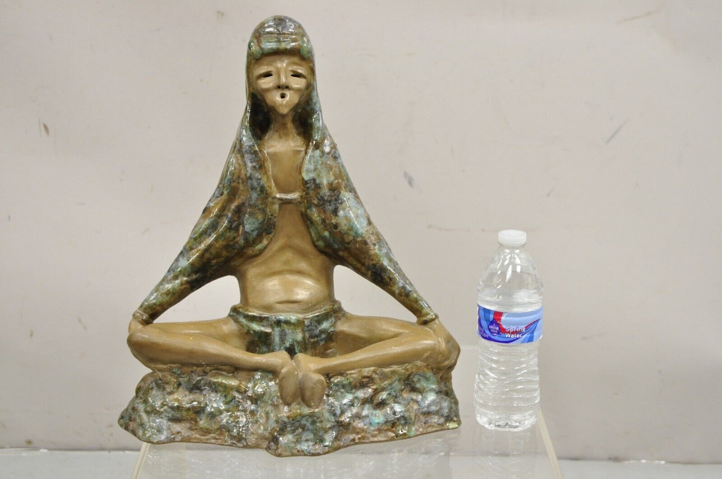 Mid Century Modern 1960s Glazed Ceramic Pottery Meditating Elder Woman Sculpture