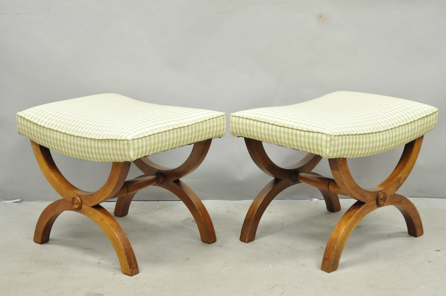 Vintage Italian Neoclassical Style Walnut Wood Curule X-Form Stool - a Pair