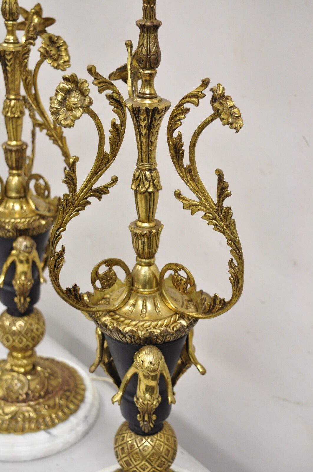 Vintage French Louis XV Brass & Marble Figural Table Lamps w/ Cherubs - a Pair