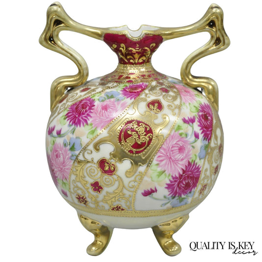 Antique Nippon Moriage Porcelain Twin Handle Ball Vase w/ Hand Painted Roses