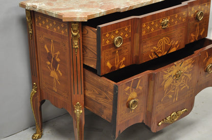 Vintage French Louis XV Style Marquetry Inlay Marble Top Commode Dresser Chest
