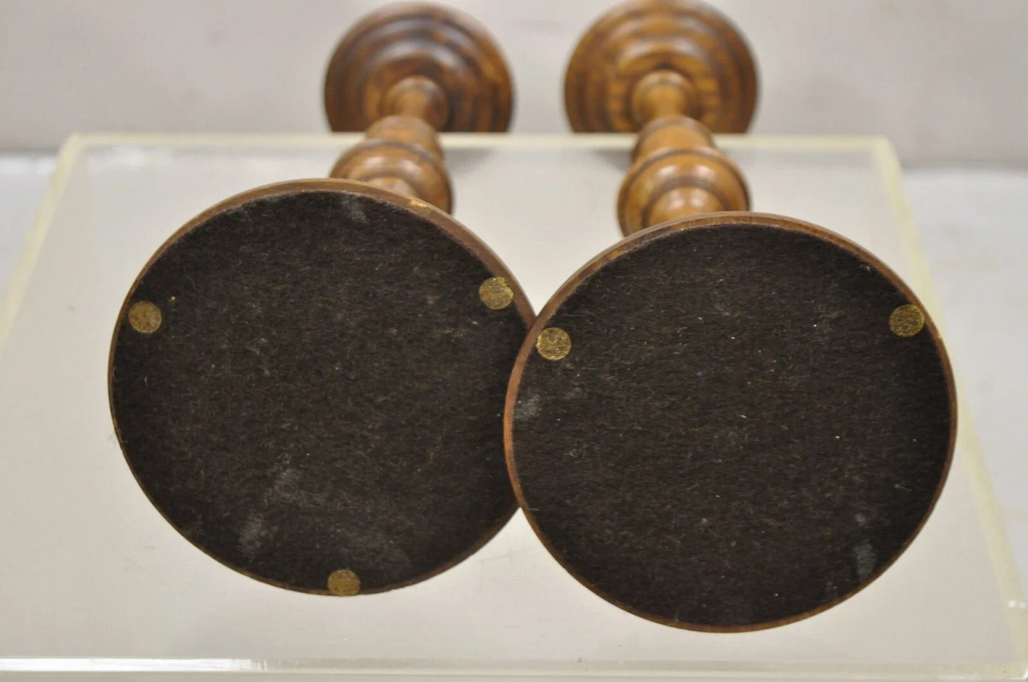 Vintage Italian Renaissance Jacobean Turn Carved Oak Wood 18.5" Candlestick Pair