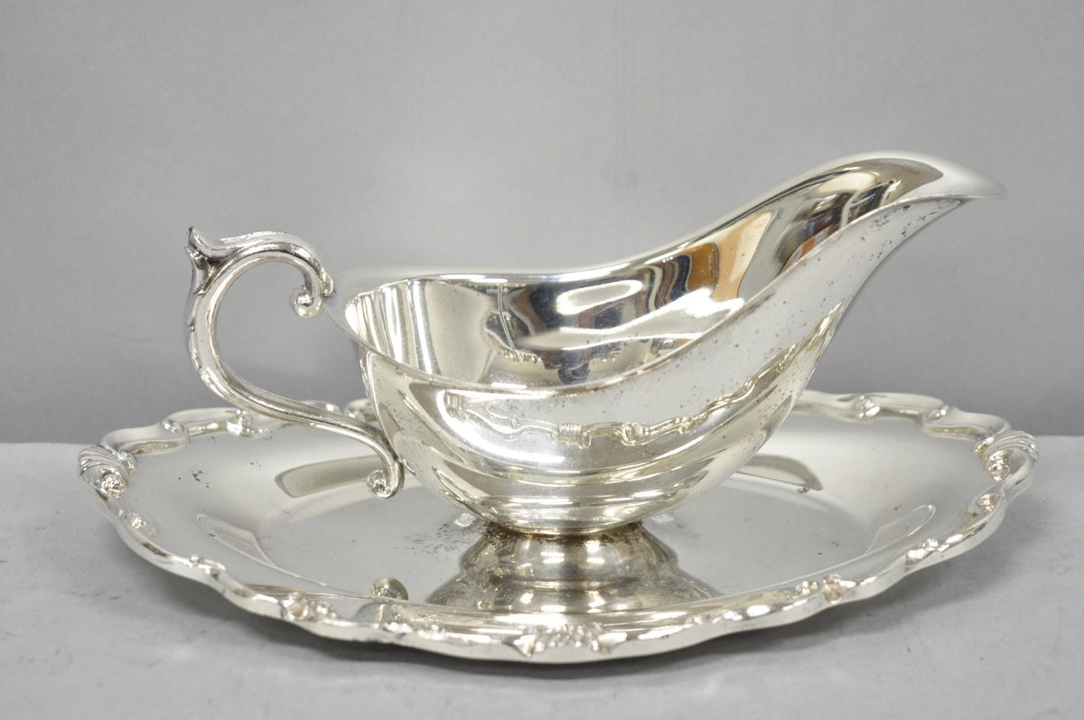 Vintage Victorian Style Silver Plated Gravy Sauce Boat w/ Attached Dish