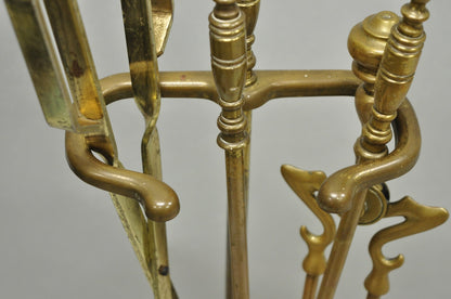 Antique English Federal Brass Urn Finial Fireplace Tool Set with Stand