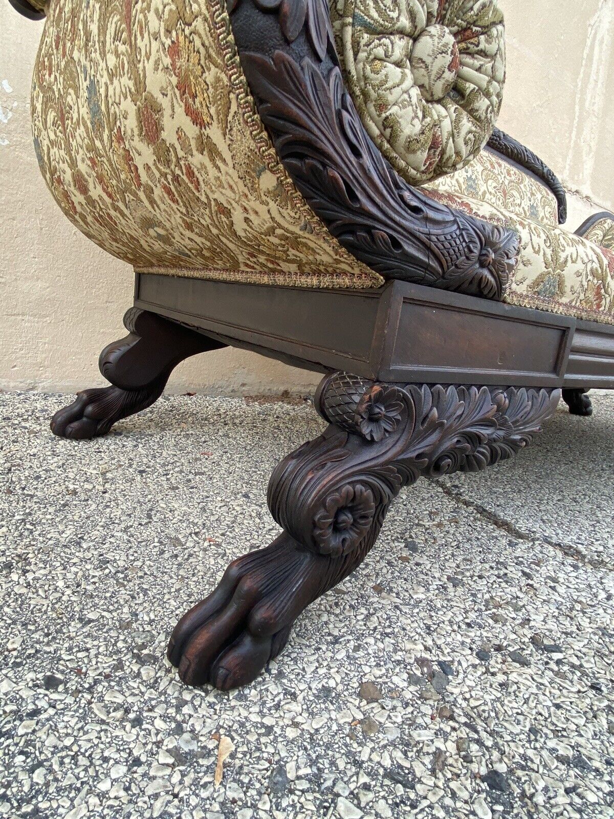 Antique American Empire Classical Carved Mahogany Paw Foot Cornucopia Arm Sofa