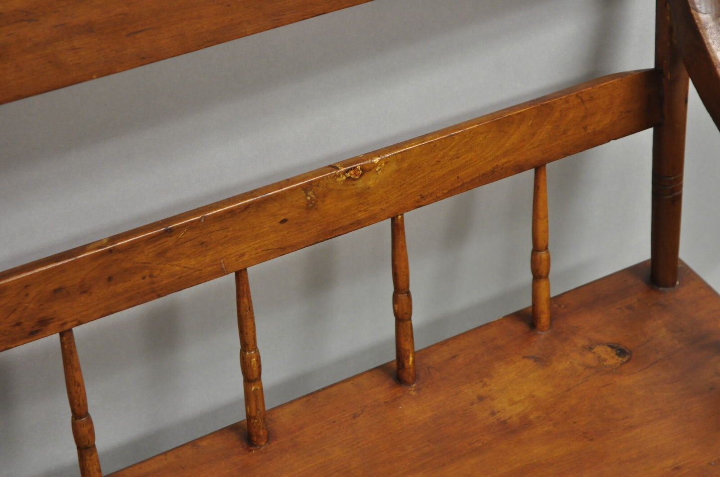 Antique American Colonial Farmhouse Spindle Back Pine Wood 8 Leg 72" Long Bench