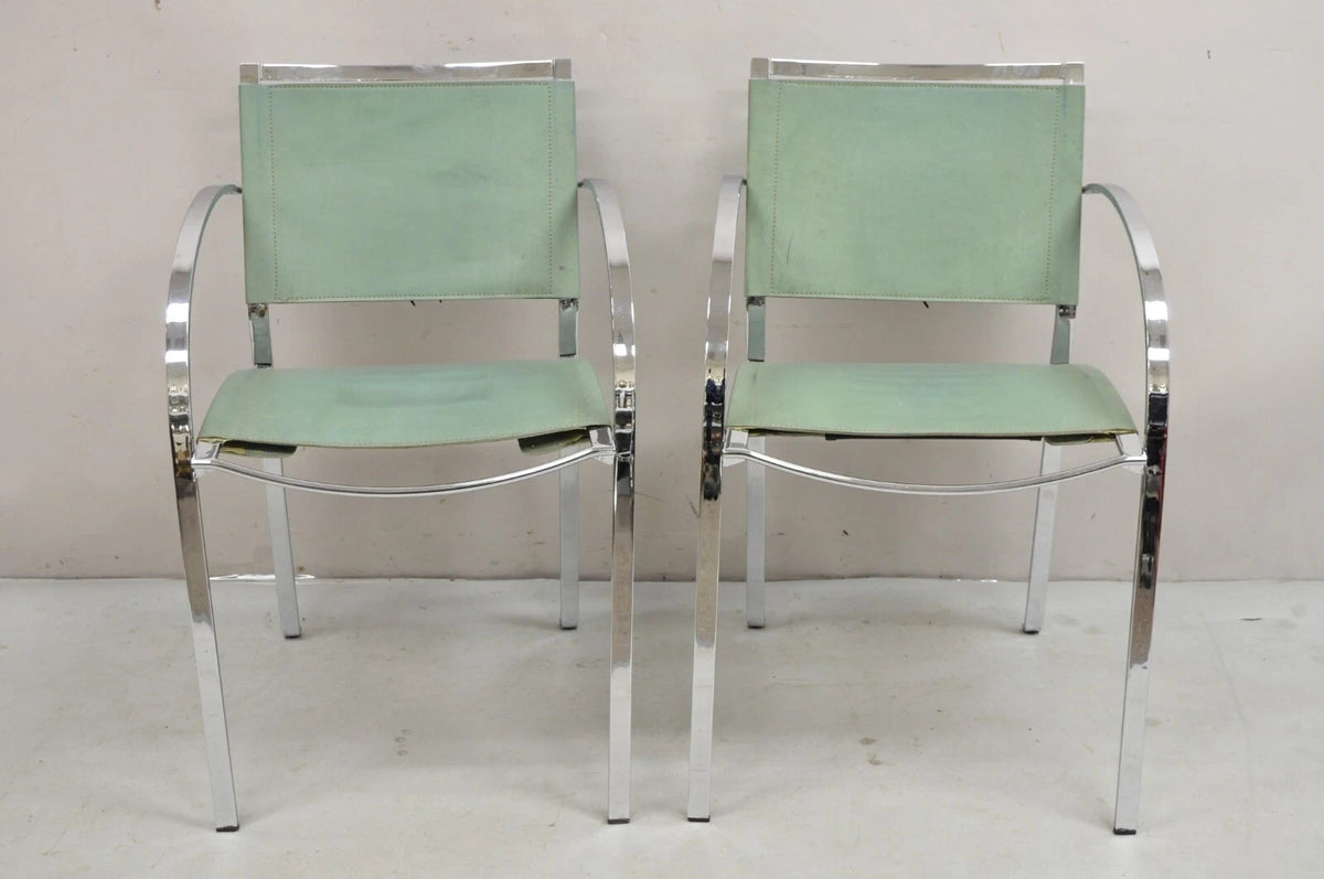 Italian Modern Naos Italy Teal Blue Leather Chrome "Corset" Arm Chairs - a Pair