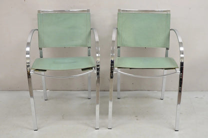 Italian Modern Naos Italy Teal Blue Leather Chrome "Corset" Arm Chairs - a Pair