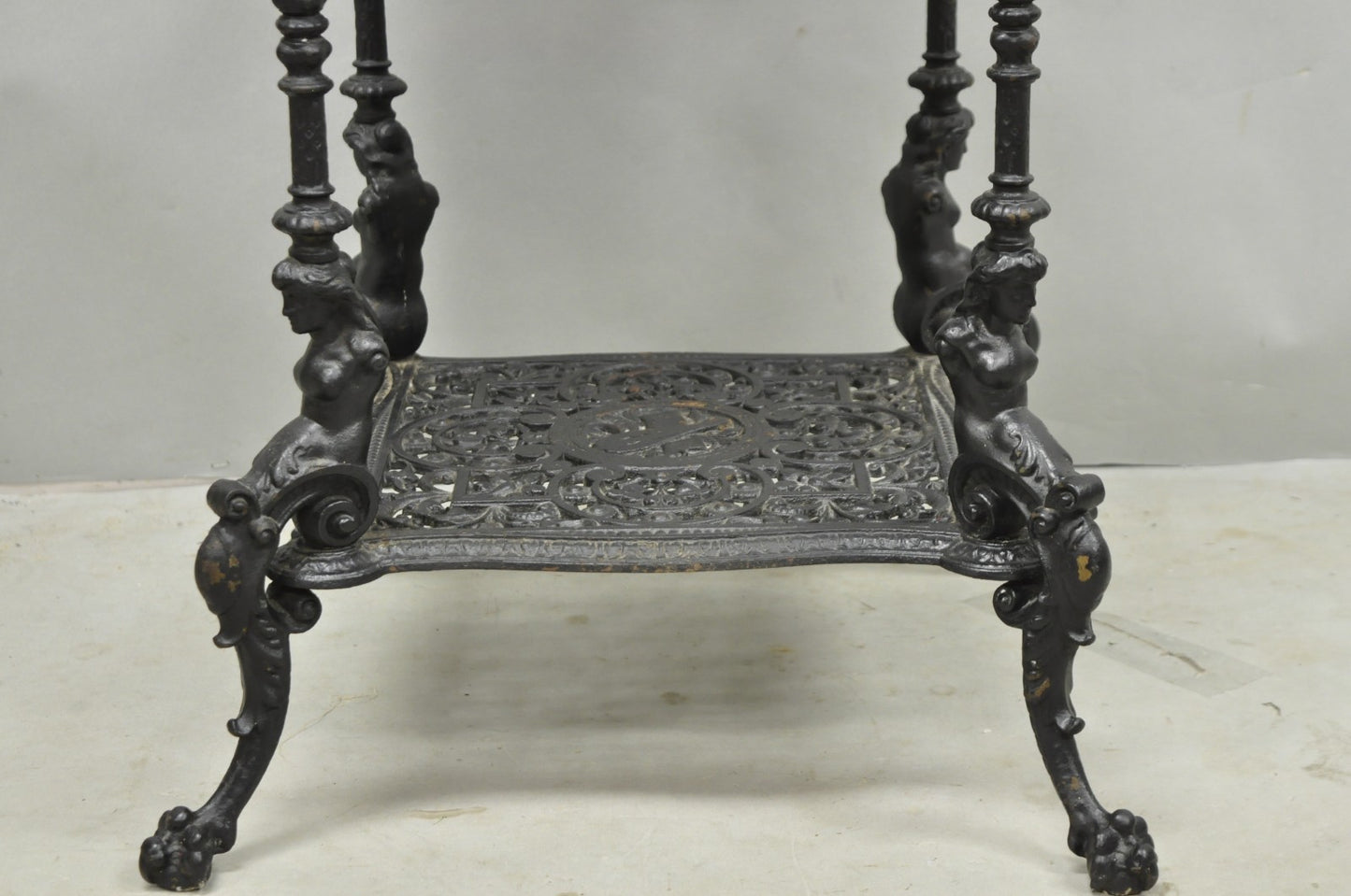 Antique French Renaissance Victorian Cast Iron Figural 3 Tier Plant Stand Table