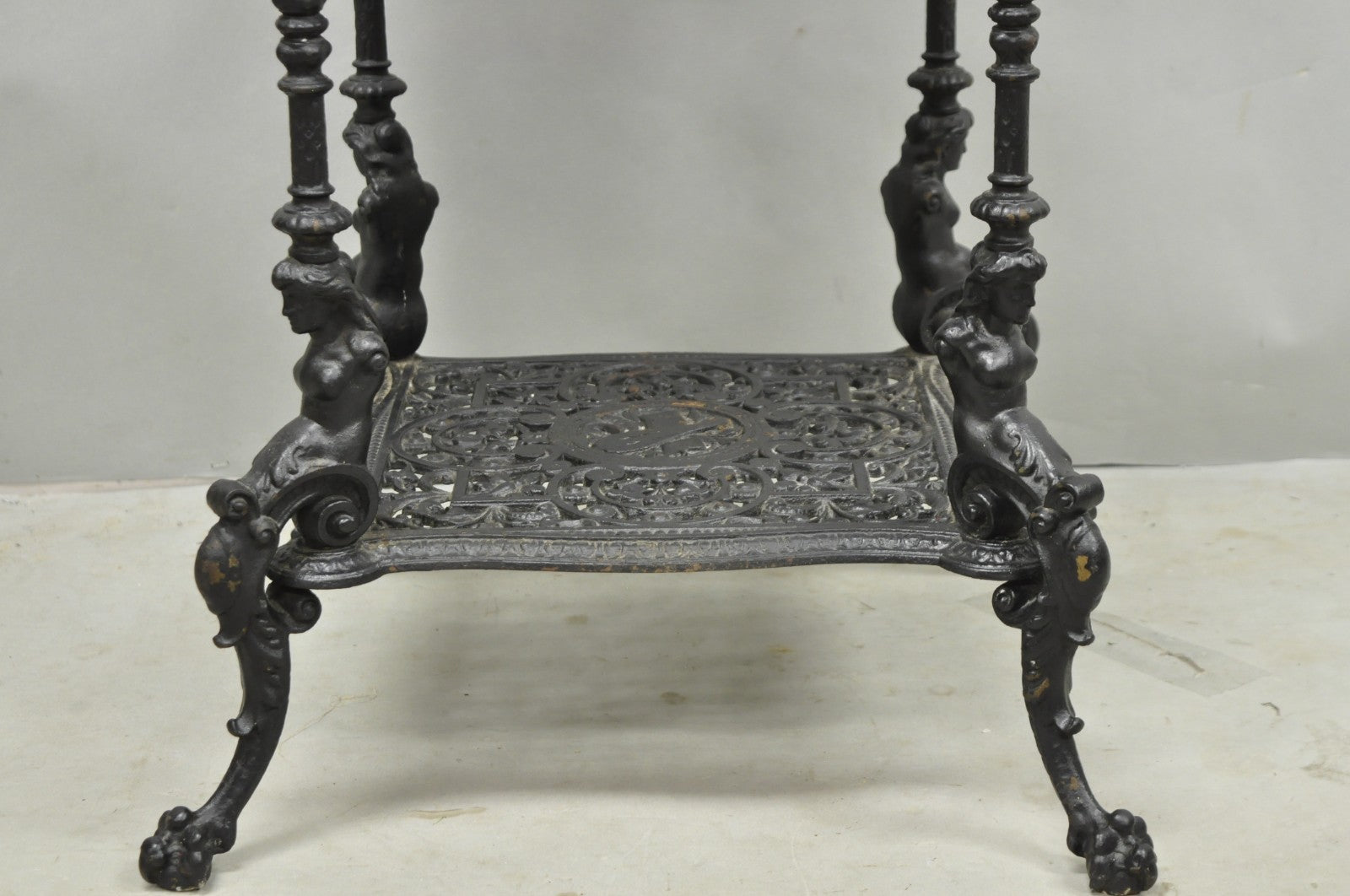 Antique French Renaissance Victorian Cast Iron Figural 3 Tier Plant Stand Table