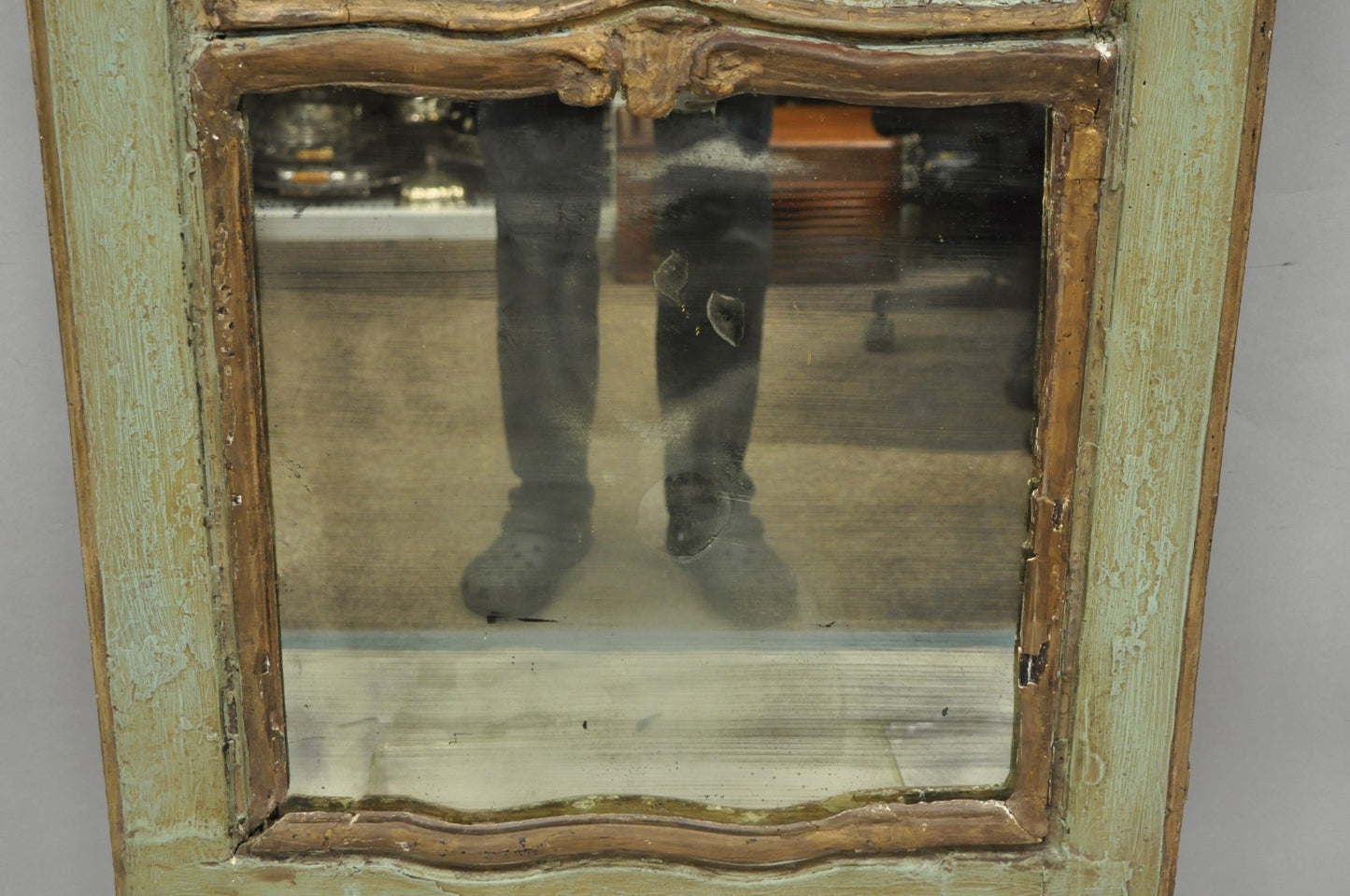 18th C French Louis XV Baroque Style Green Distress Painted Trumeau Wall Mirror