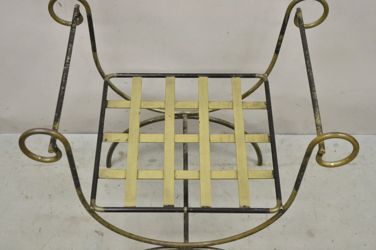 Vintage Neoclassical Style Wrought Iron Curule Savonarola X-Form Bench Chair