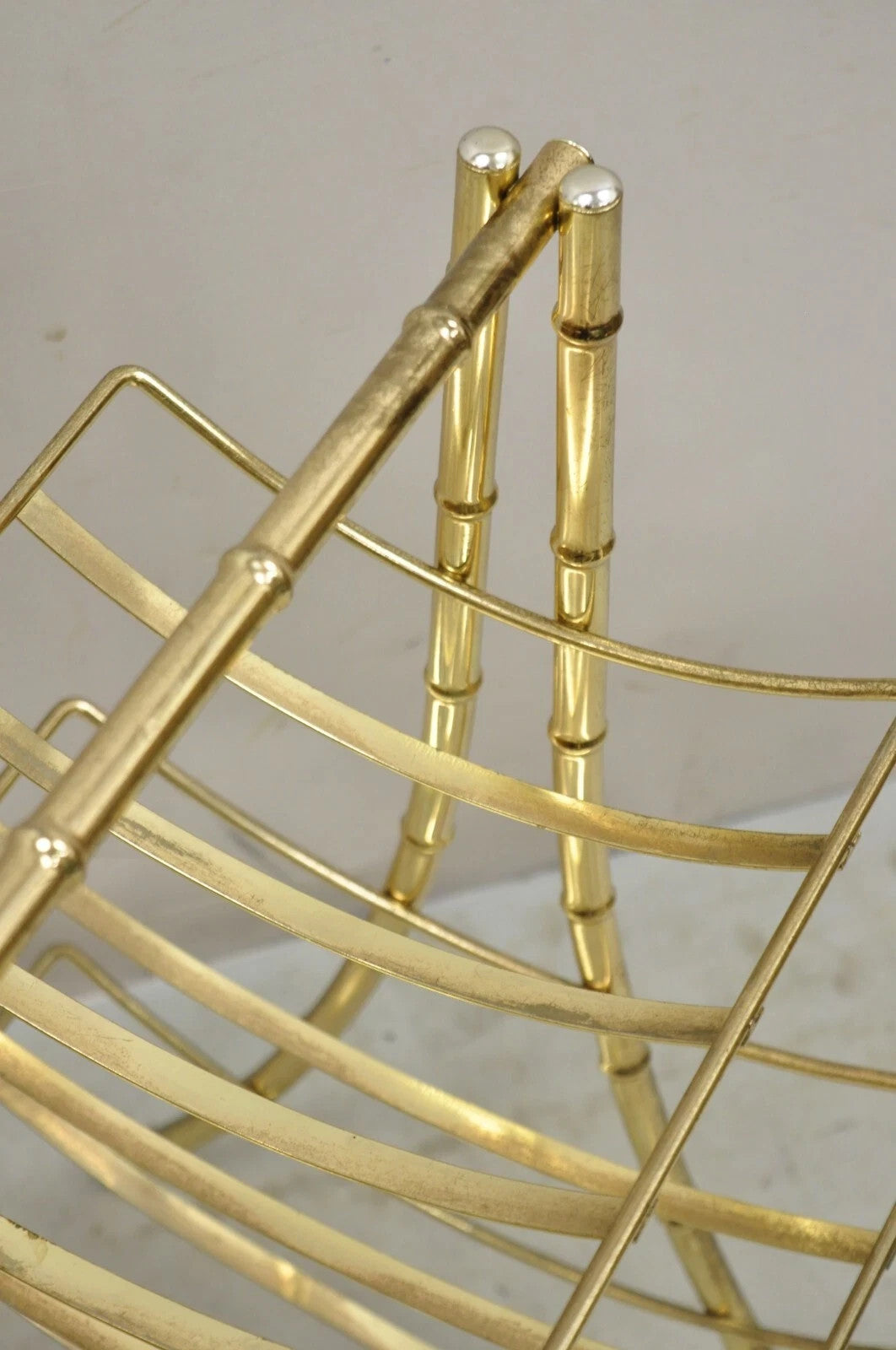 Vintage Hollywood Regency Gold Metal Faux Bamboo 3 Tier Magazine Rack Stand