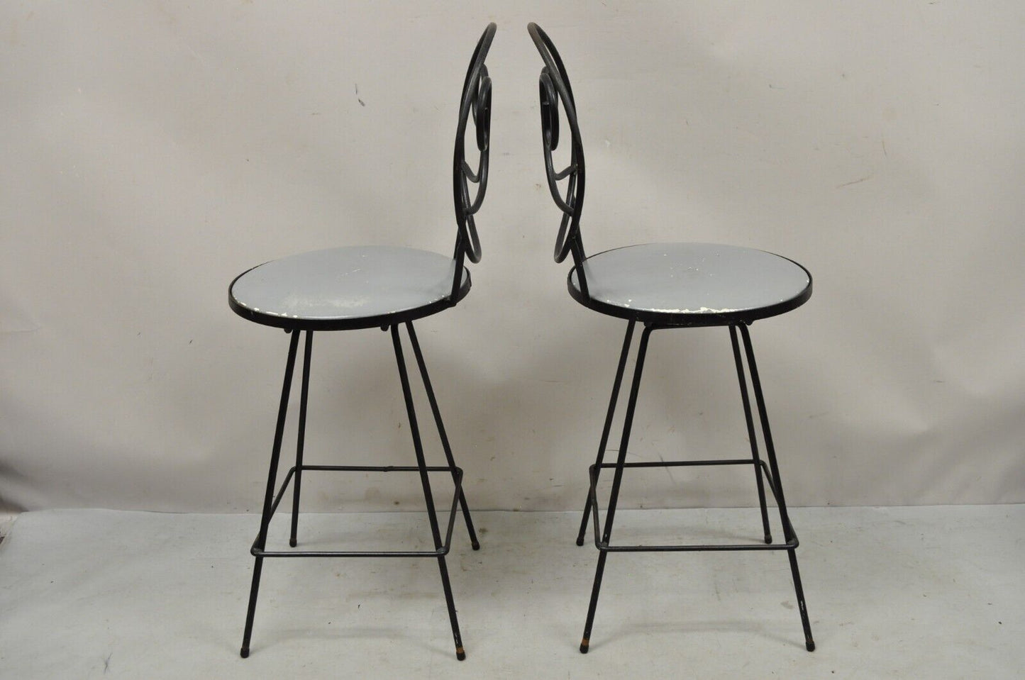 Mid Century Modern Swivel Seat Arthur Umanoff Style Wrought Iron Stools - a Pair