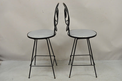 Mid Century Modern Swivel Seat Arthur Umanoff Style Wrought Iron Stools - a Pair