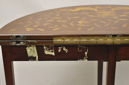 Antique Dutch Marquetry Inlay Flip Top Demilune Round Console Game Table