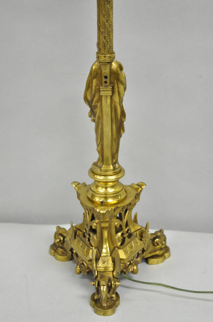 Antique French Empire Renaissance Bronze Maiden Candlestick Table Lamp
