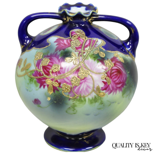 Vintage Victorian Blue Hand Painted Porcelain Floral Twin Handled Bulbous Vase