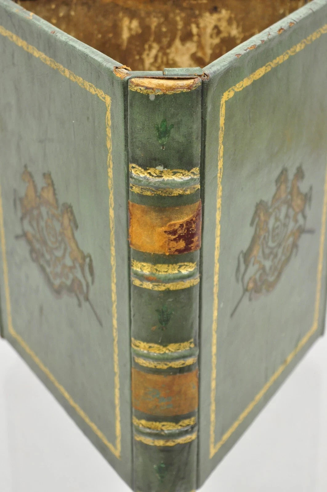 Vintage Italian Regency Green Leather Triangular Book Form Wastebasket Trash Can