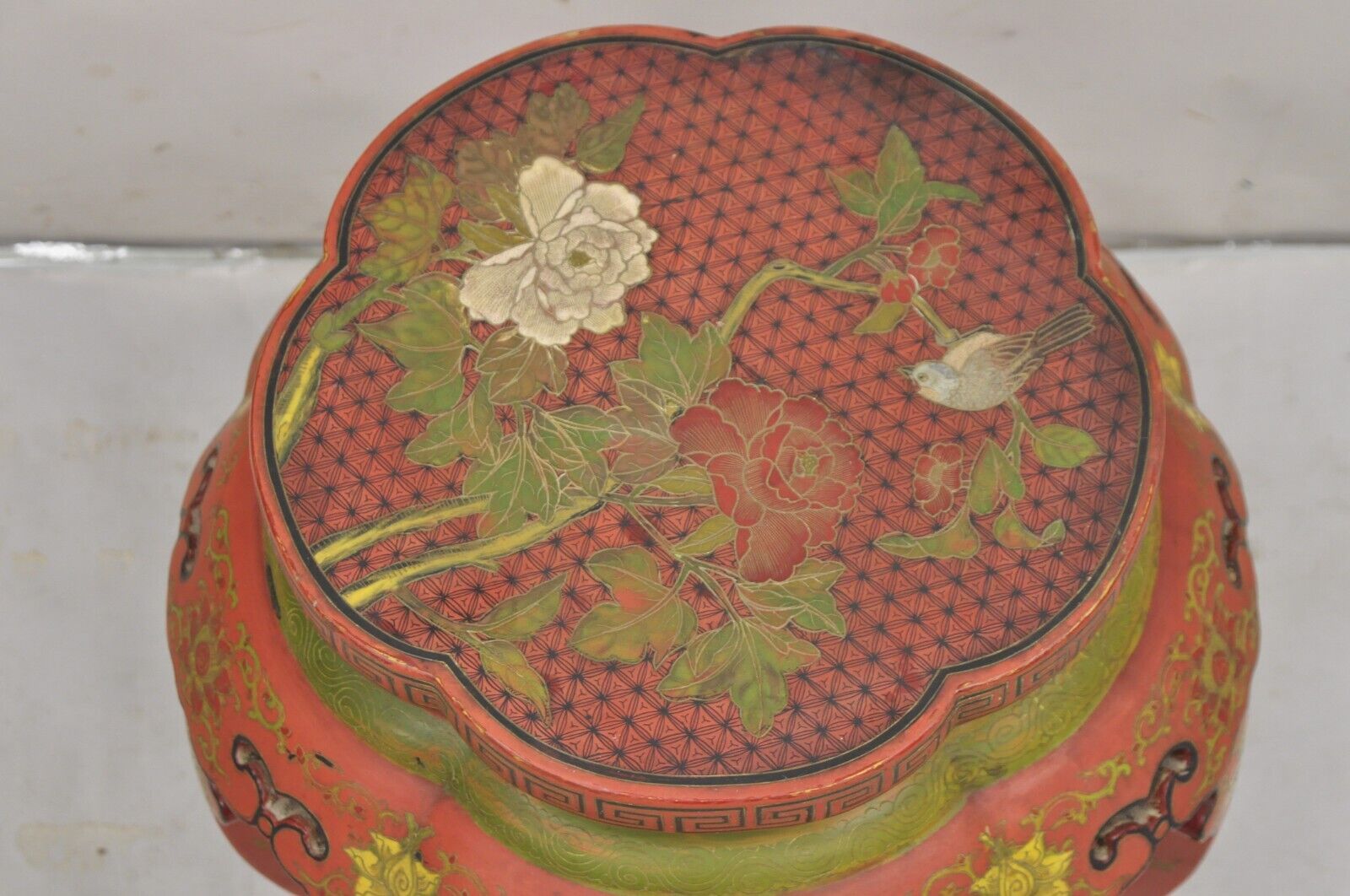 Vintage Chinoiserie Red Lacquer Chinese Drum Stool w Hand Painted Bird & Flowers