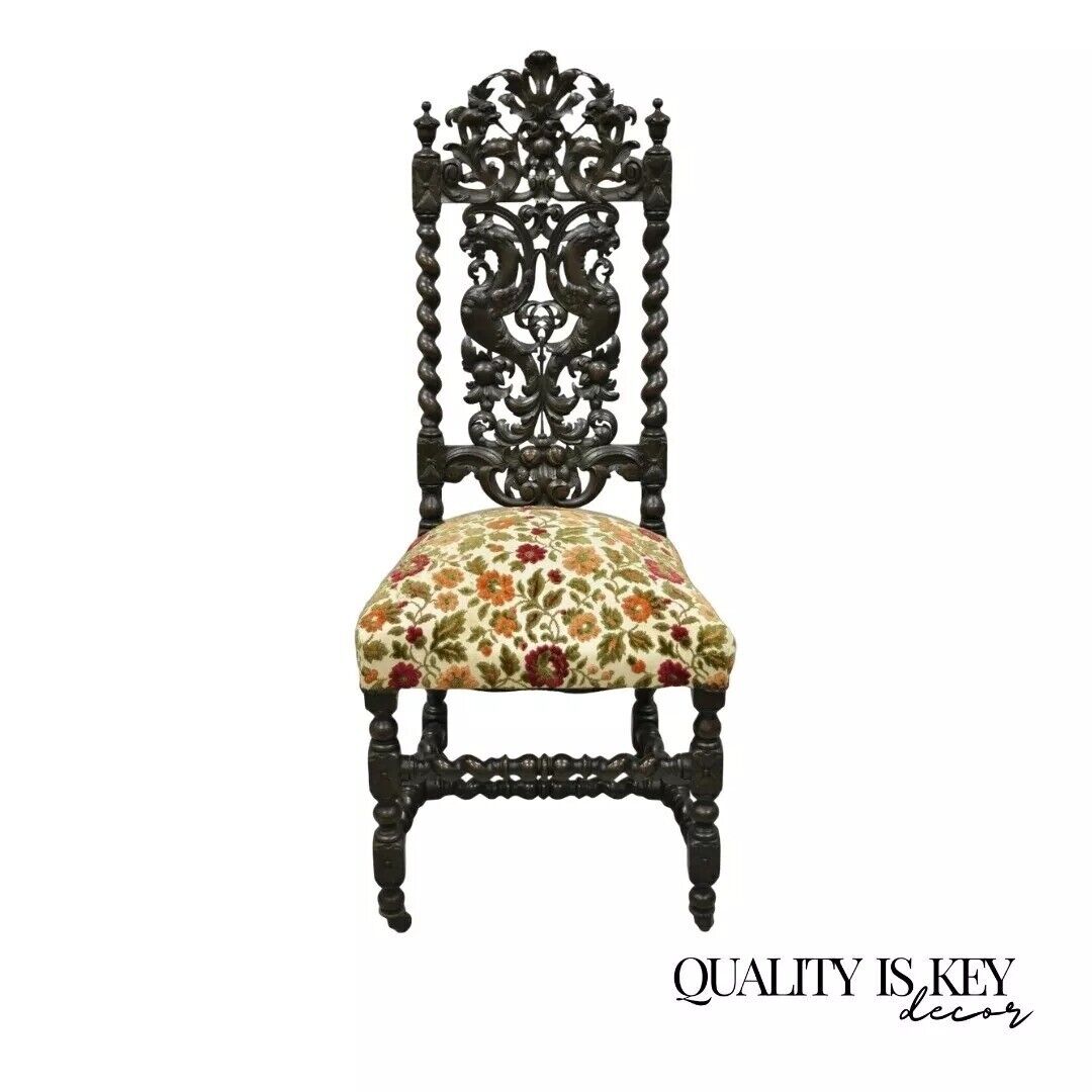 Antique 19th C. Renaissance Revival Carved Walnut Figural Throne Side Chair