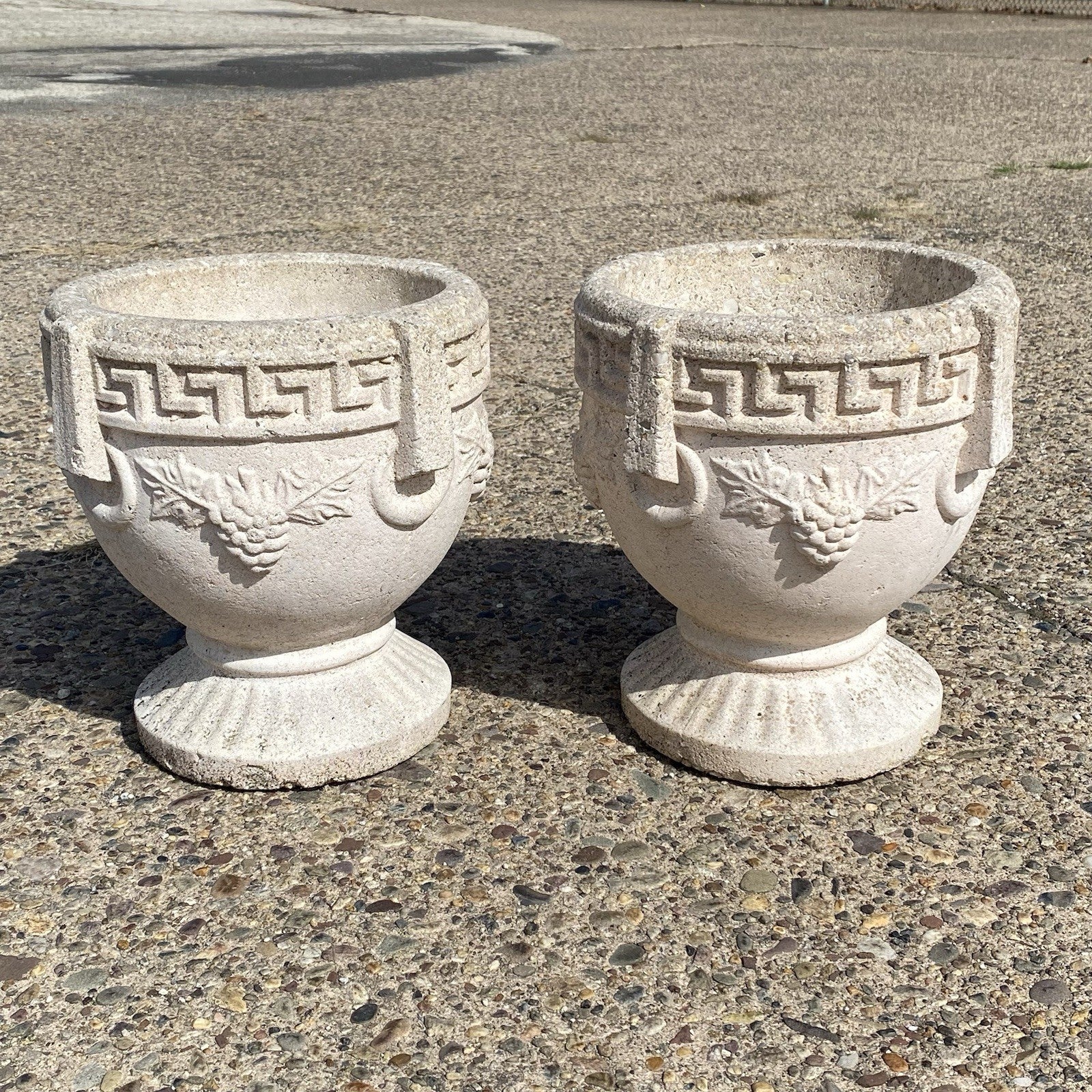 Vintage Greek Classical Style Concrete Greek Key Garden Flower Planter Pot, Pair
