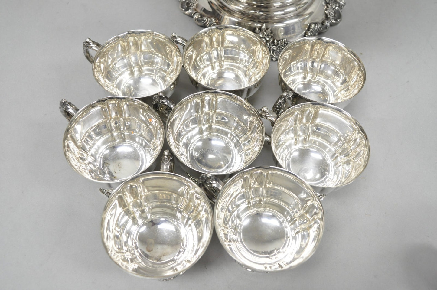 Vintage Baroque by Wallace 252 & 253 Silver Plated Punch Bowl Set w/ 10 Cups