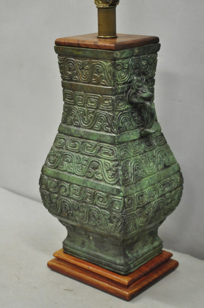Vintage Oriental Verdigris Green Archaic Bronze Figural Chinese Table Lamp
