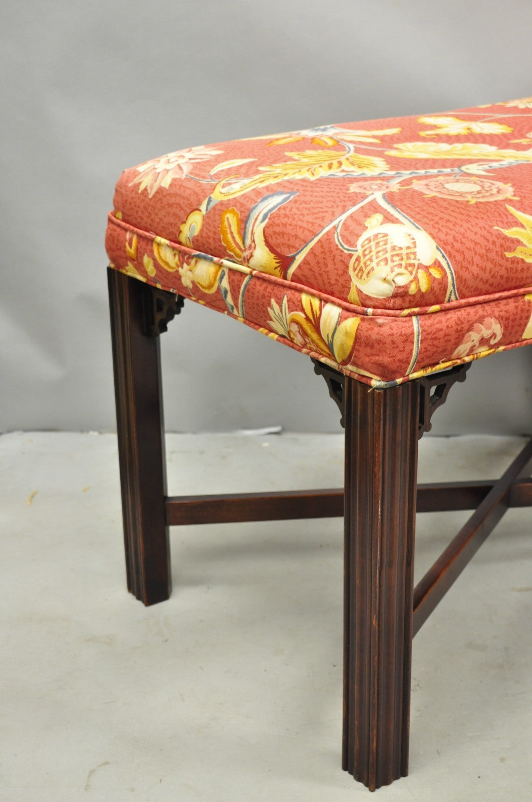 Vintage Chinese Chippendale Style Carved Mahogany Fretwork Bench Stool - Pair