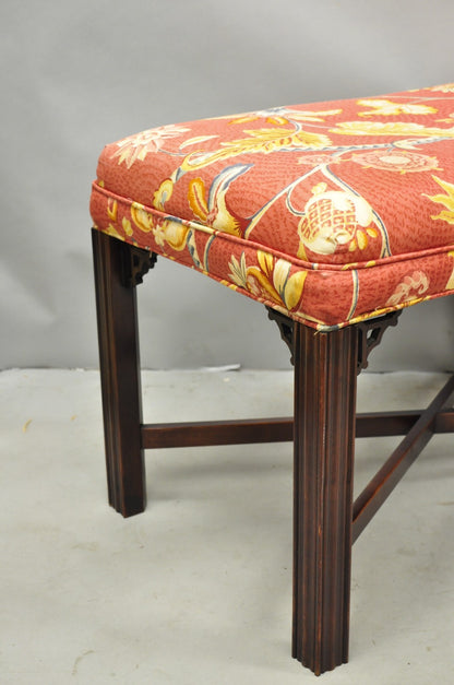 Vintage Chinese Chippendale Style Carved Mahogany Fretwork Bench Stool - Pair