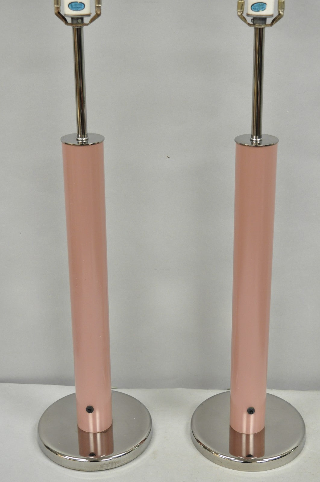 Mid Century Modern Bubble Gum Pink Cylinder Column Chrome Table Lamp - a Pair